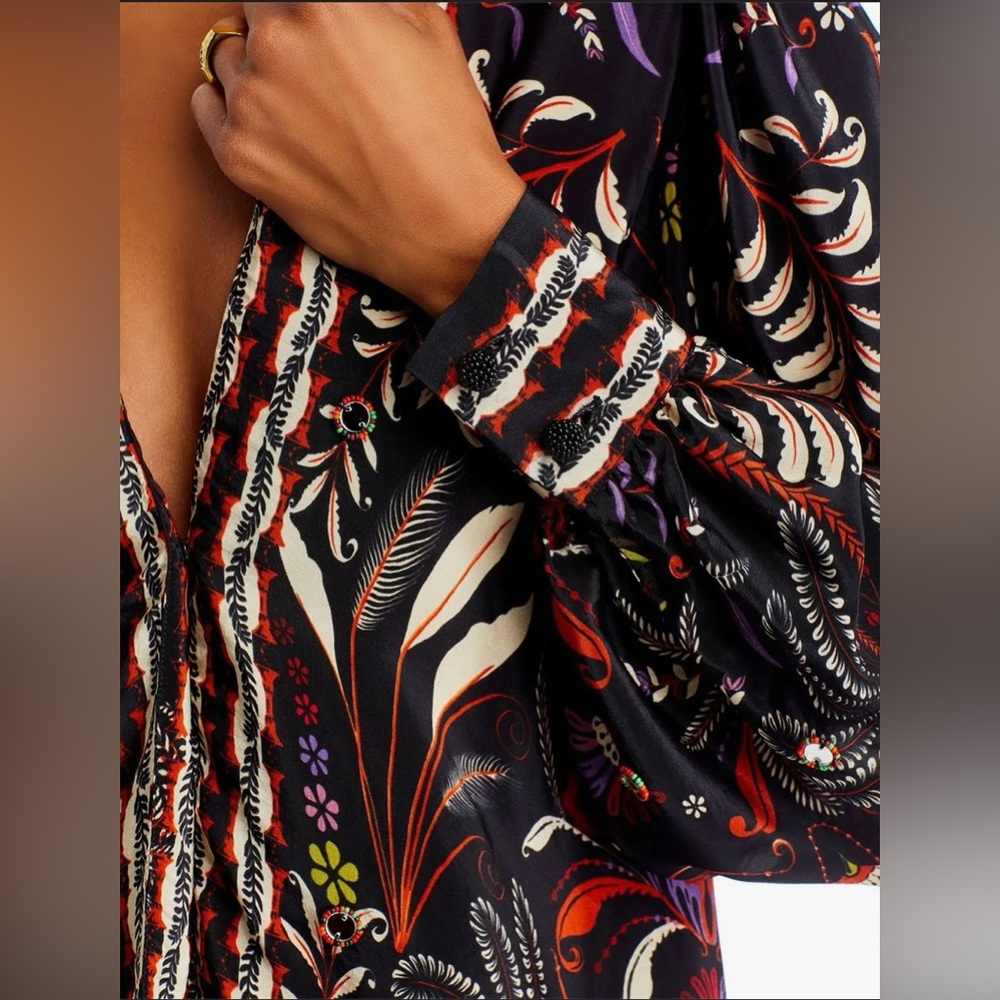 Farm Rio NWT Garden Print Black Long Sleeve Floral Mirror Beaded Button Blouse - Picture 6 of 14